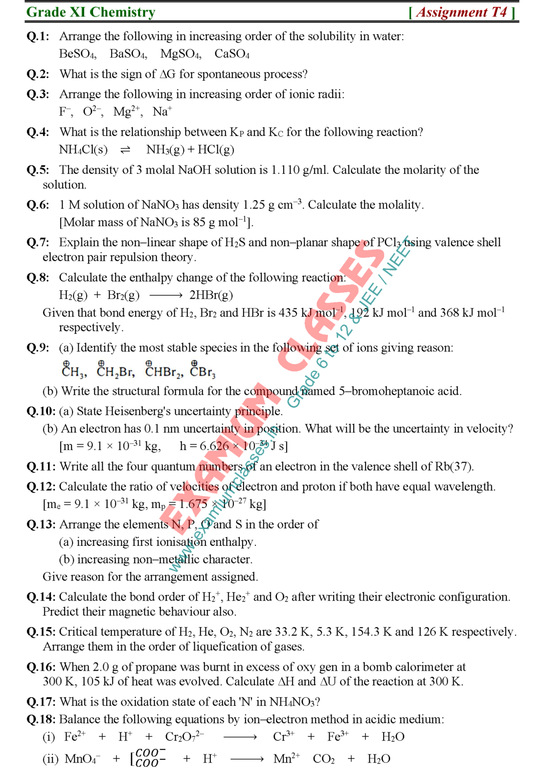 Class 11 Chemistry Assignment T4