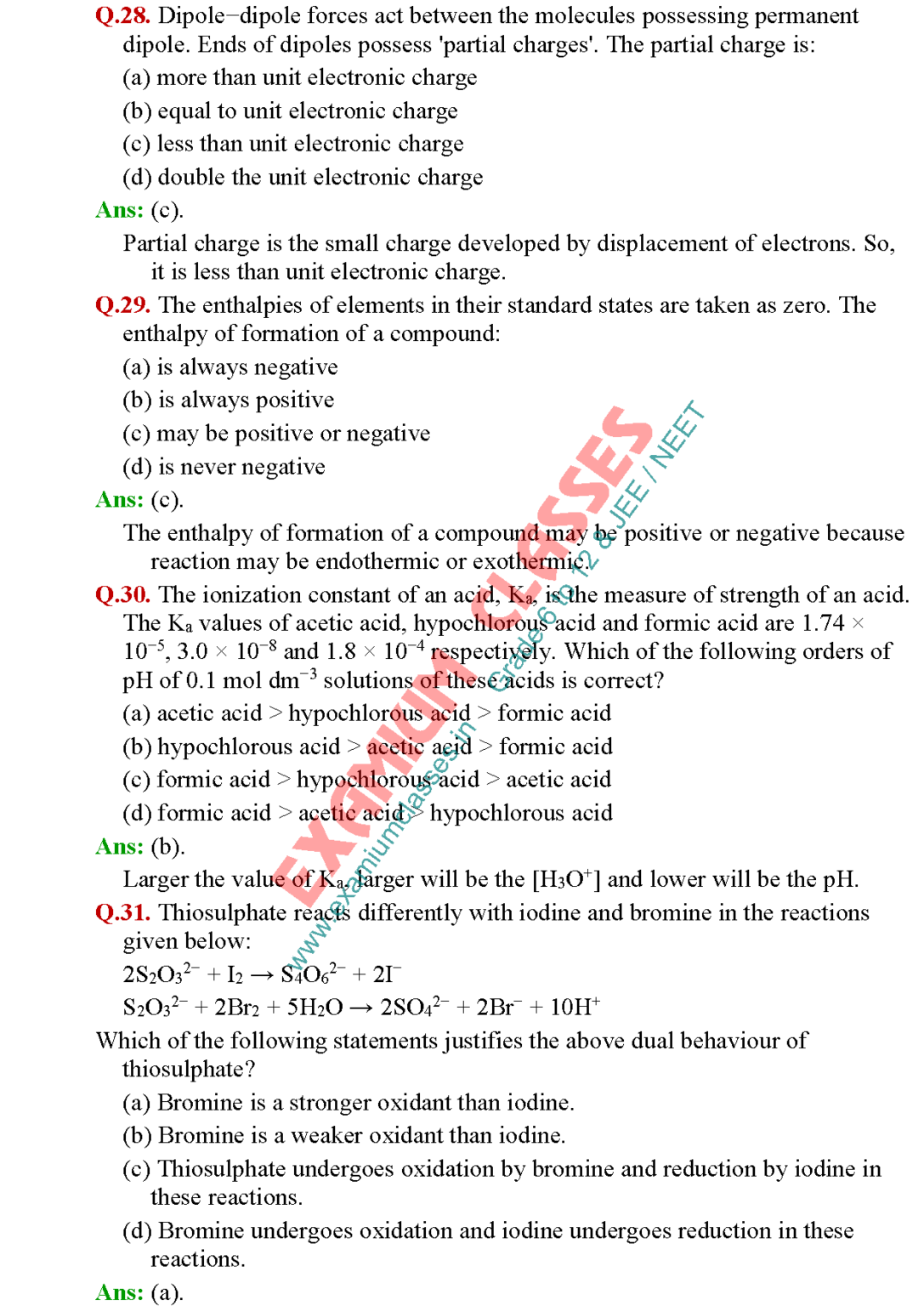 Class 11 Chemistry Multiple Choice Questions Part 1