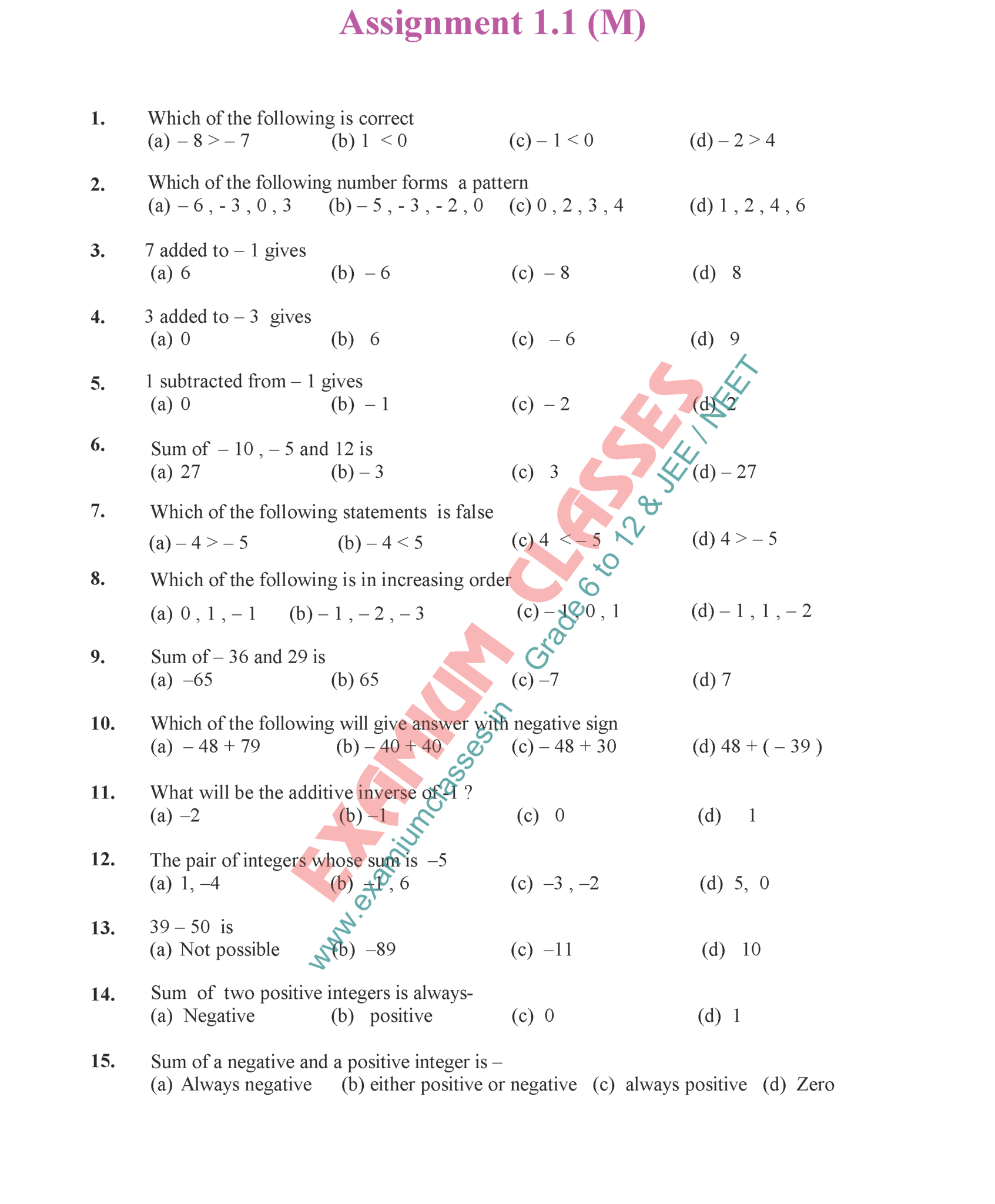 class 7 integers assignment