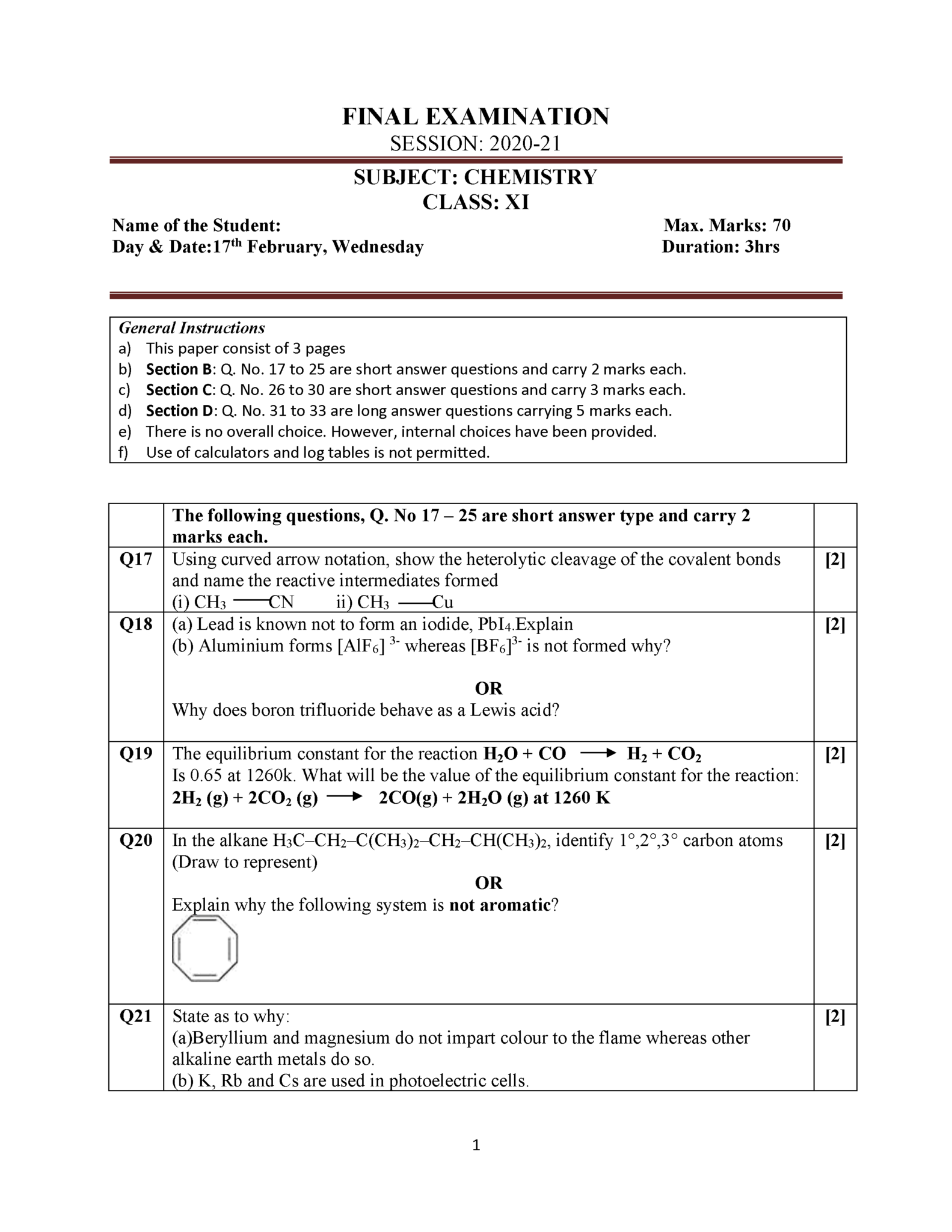 Class 11 Chemistry Sample Paper PRS2021A