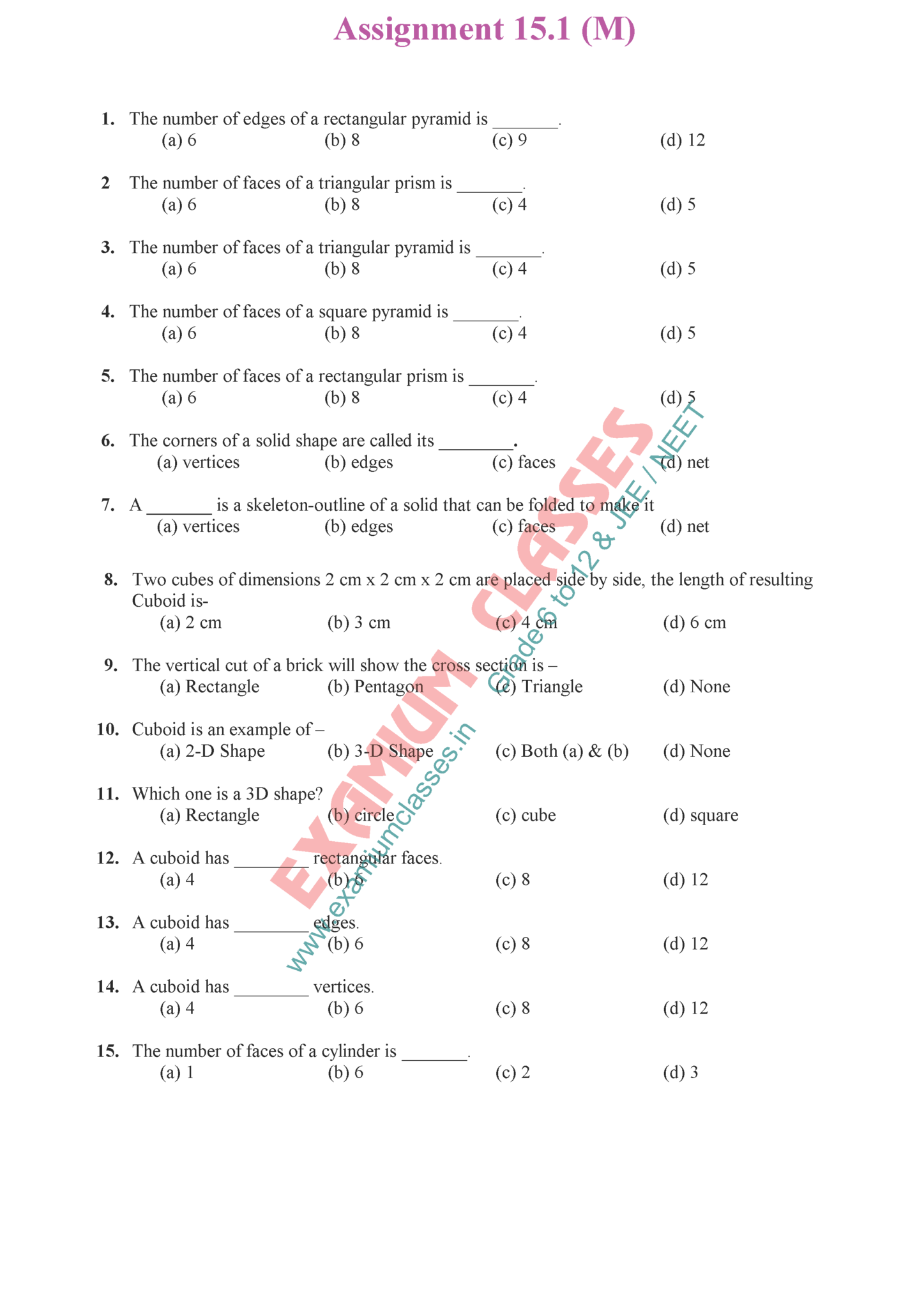 Class 7 Mathematics Chapter 15 Visualizing Solid Shapes Assignment