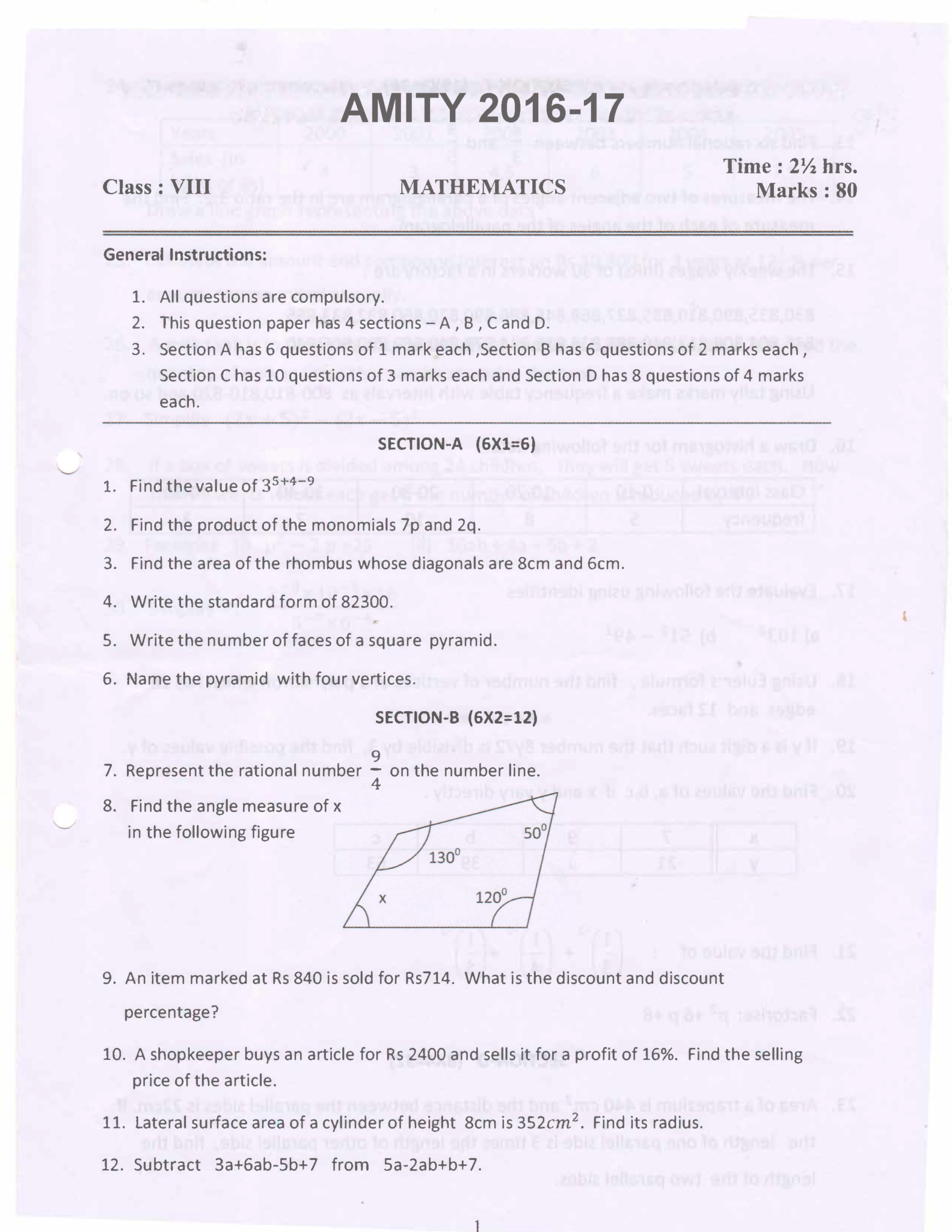Class 8 Mathematics Amity School Paper 2016-17