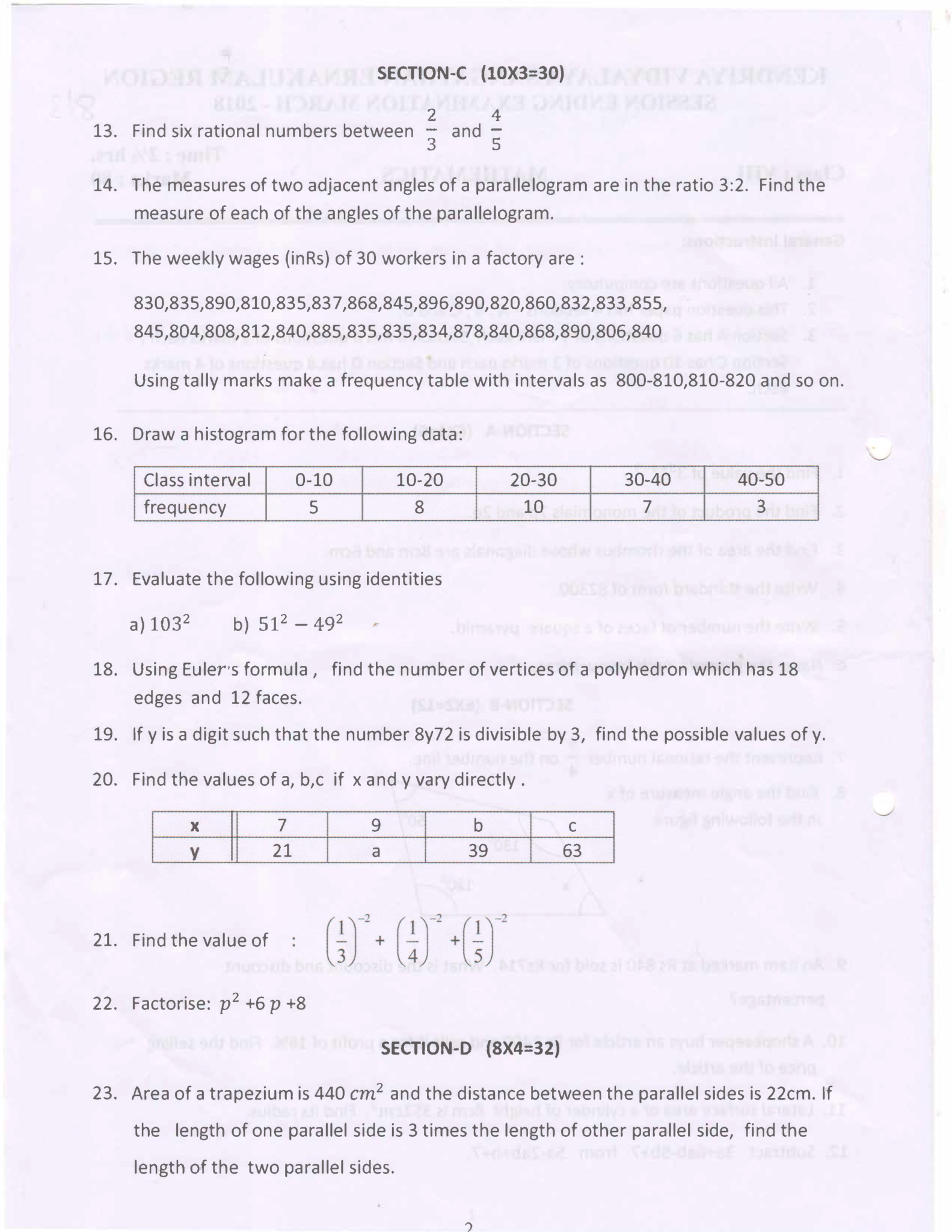 Class 8 Mathematics Amity School Paper 2016-17
