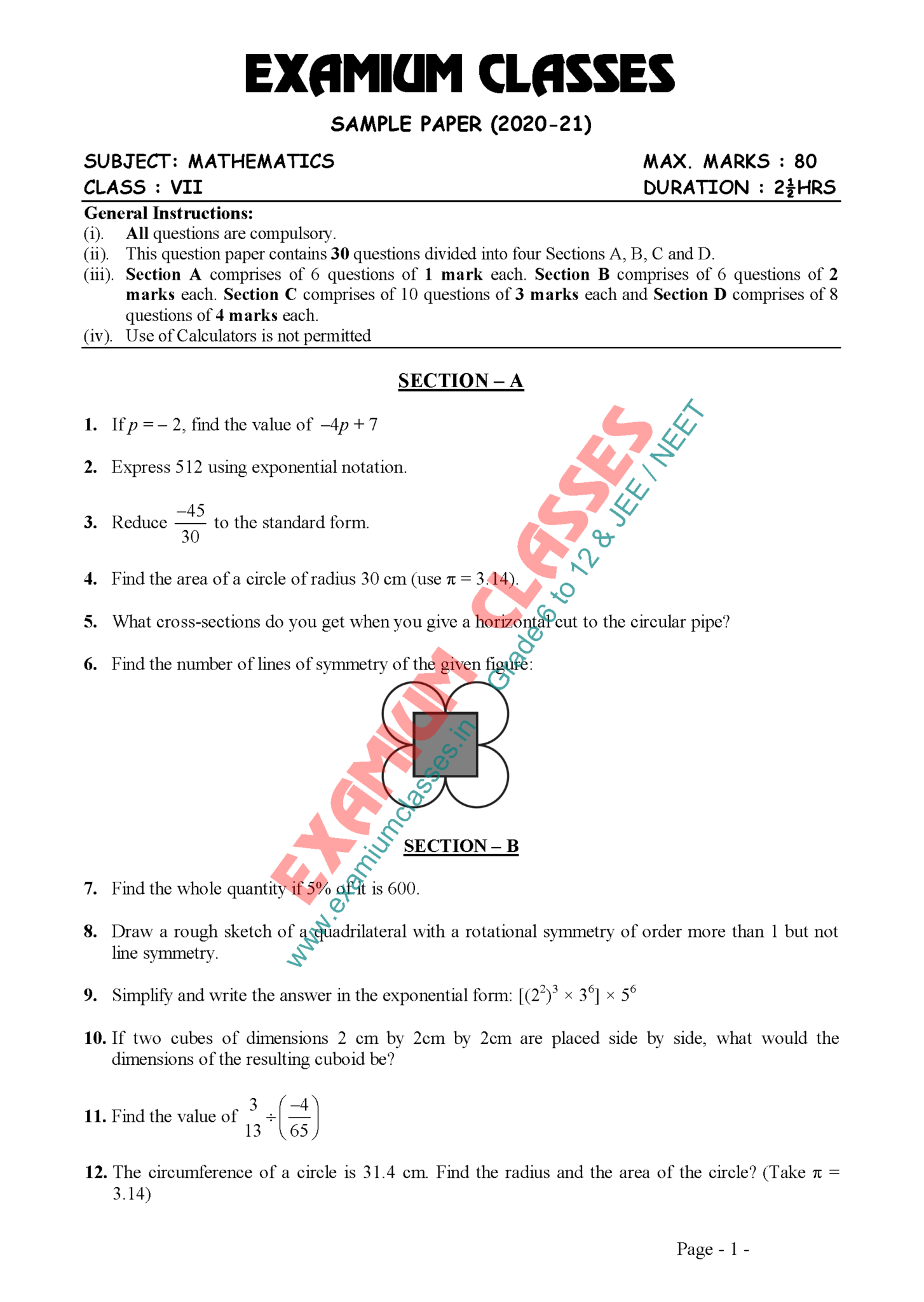 class 8 maths Sample Paper 1 A