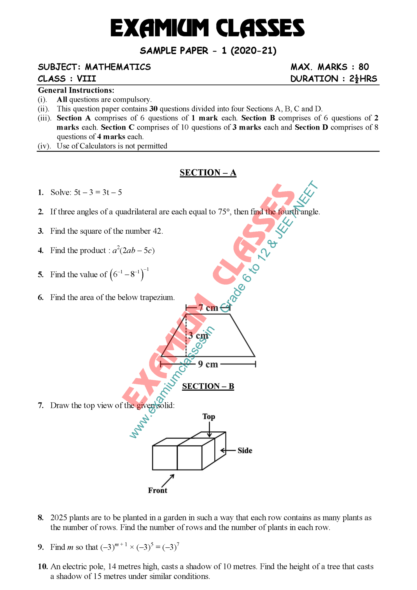 class 8 maths Sample Paper 1 A