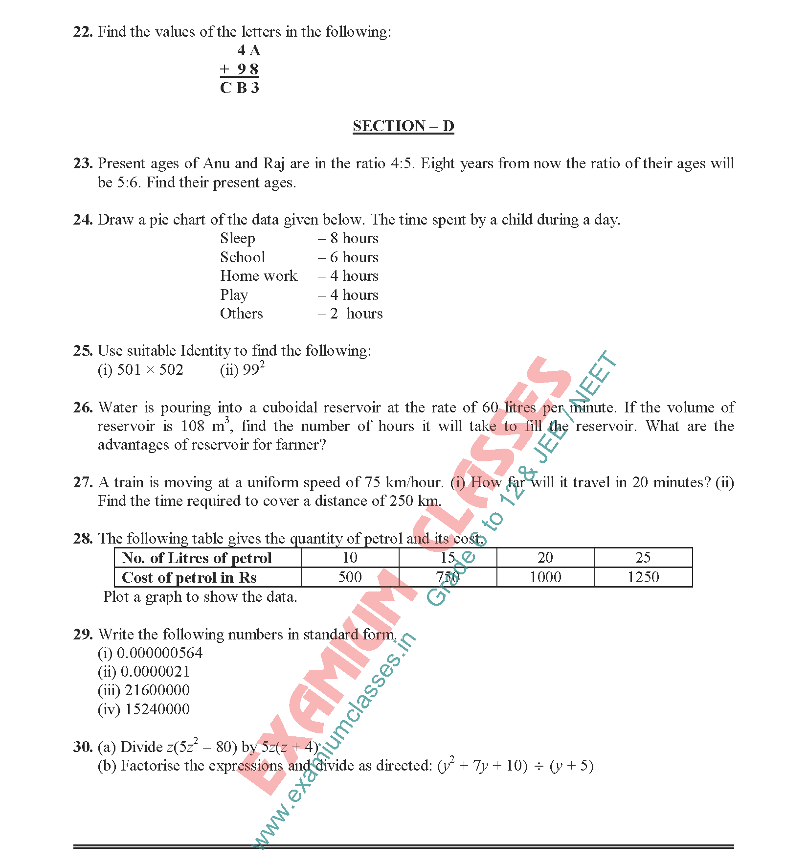 class 8 maths Sample Paper 1 A