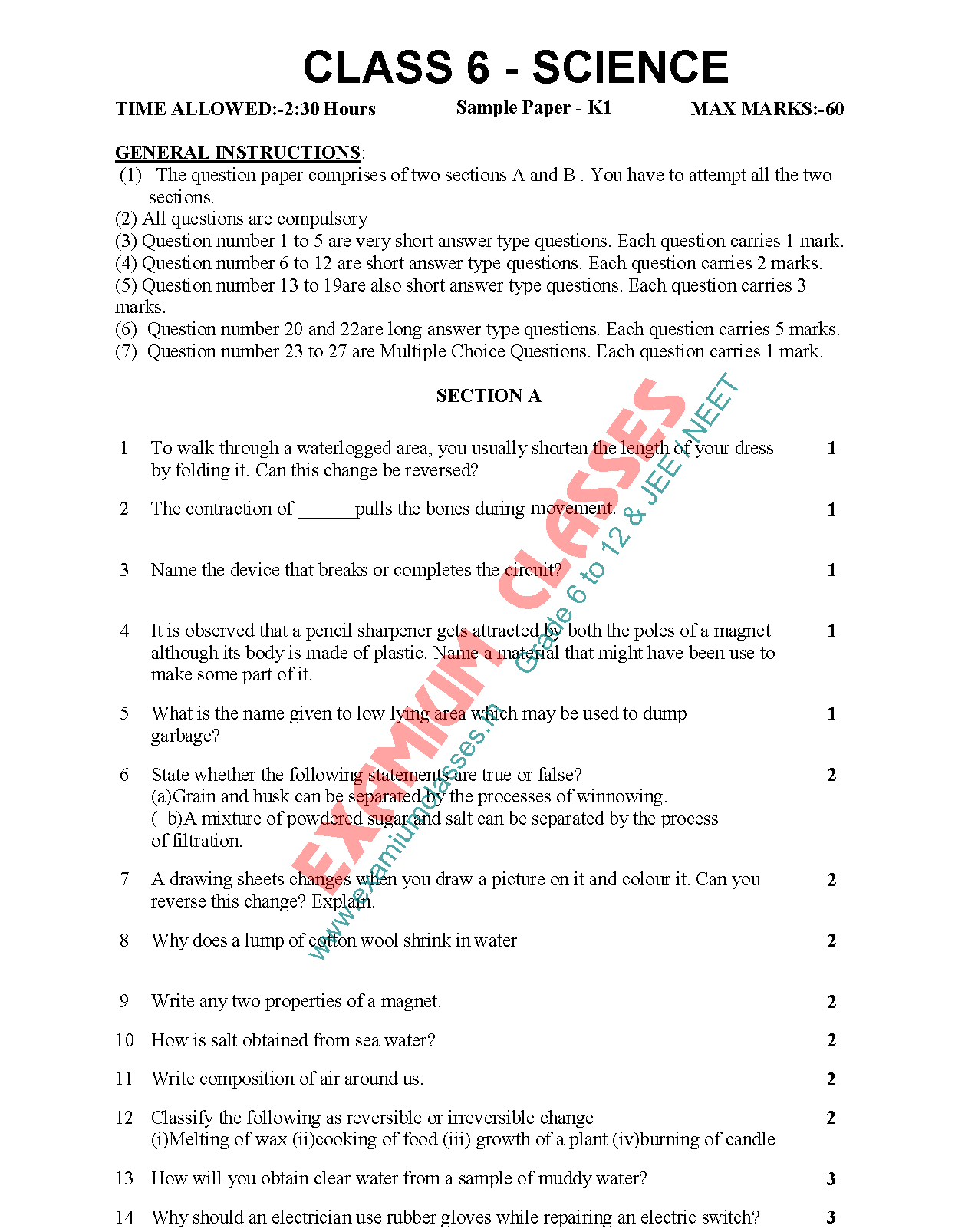 Class 6 Science Sample Paper K1